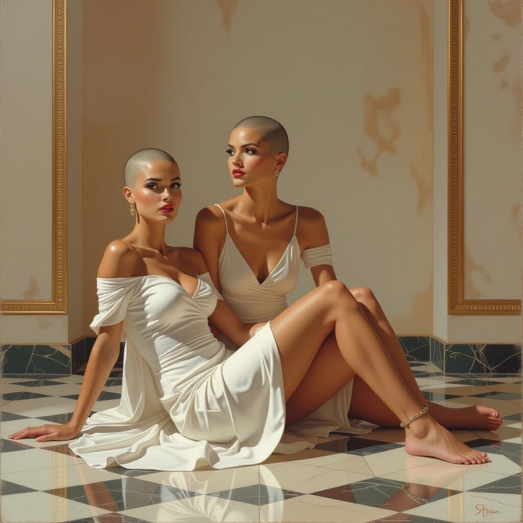 Athletic Women in Classical Room, Matte Painting Style