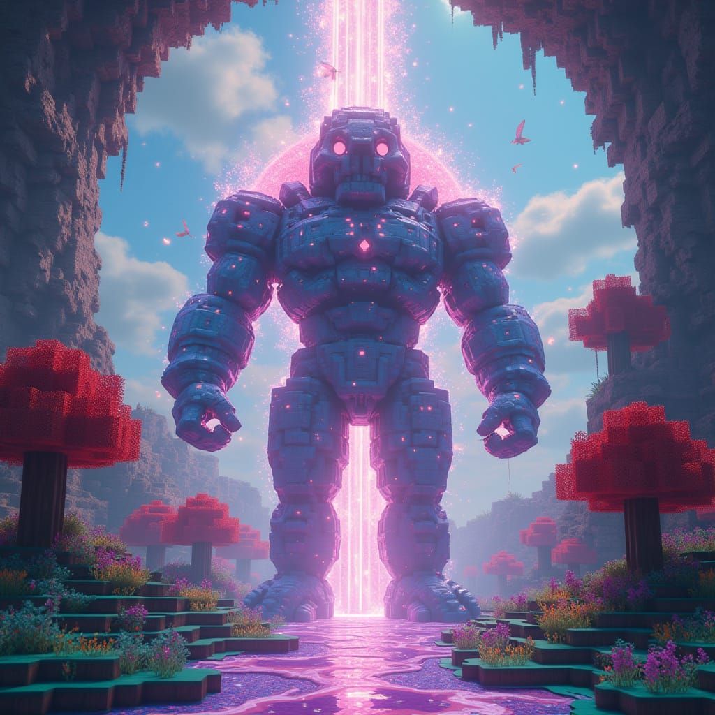 Minecraft Golem Emerges into Fantasy Realm as Digital Art