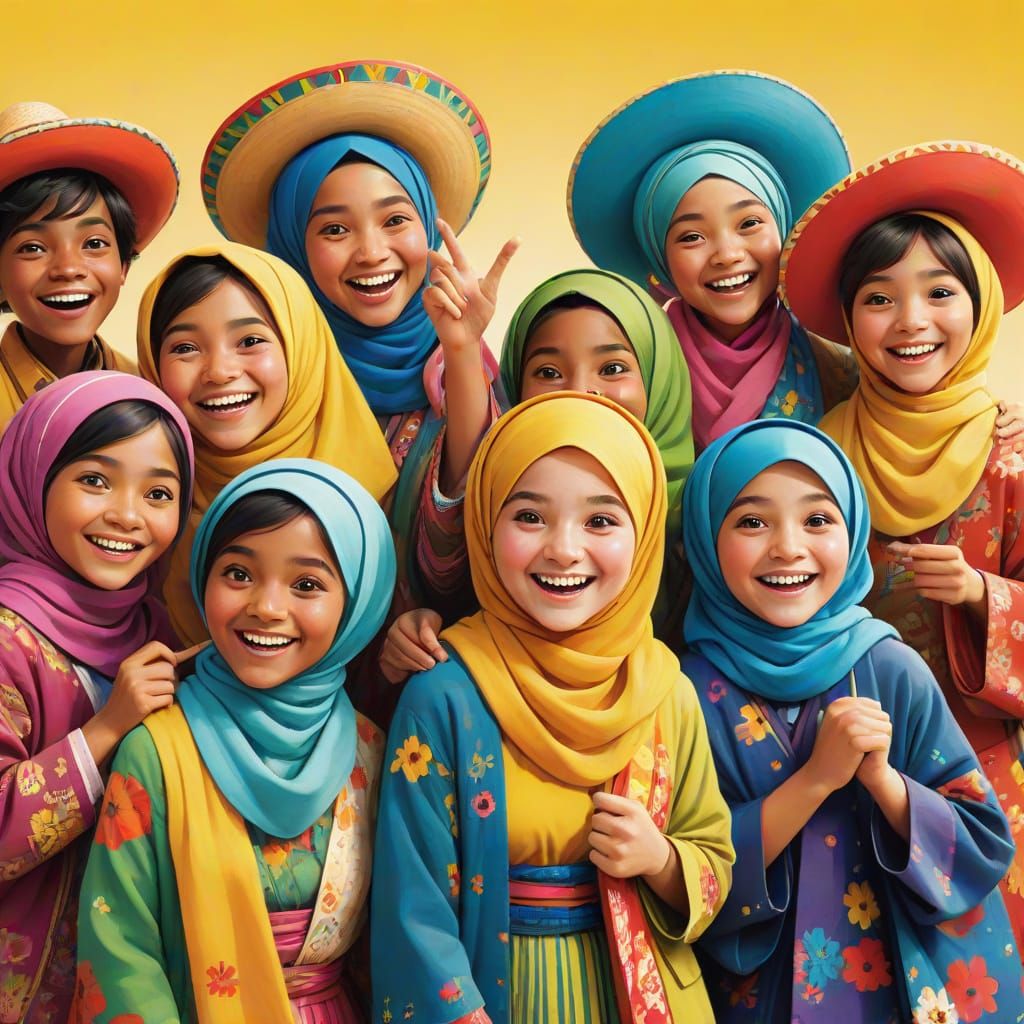 Joyful Cultural Exchange in Vibrant Cartoon Style