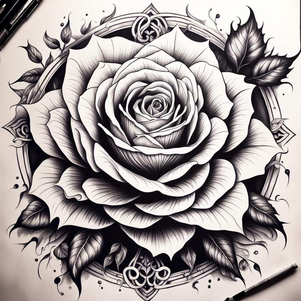 Black and white ink tattoo drawing of a beautiful gothic ros...