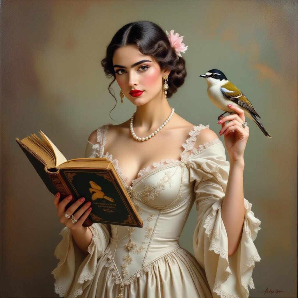 Elegant Woman with Songbird, Blending Realism and Symbolism