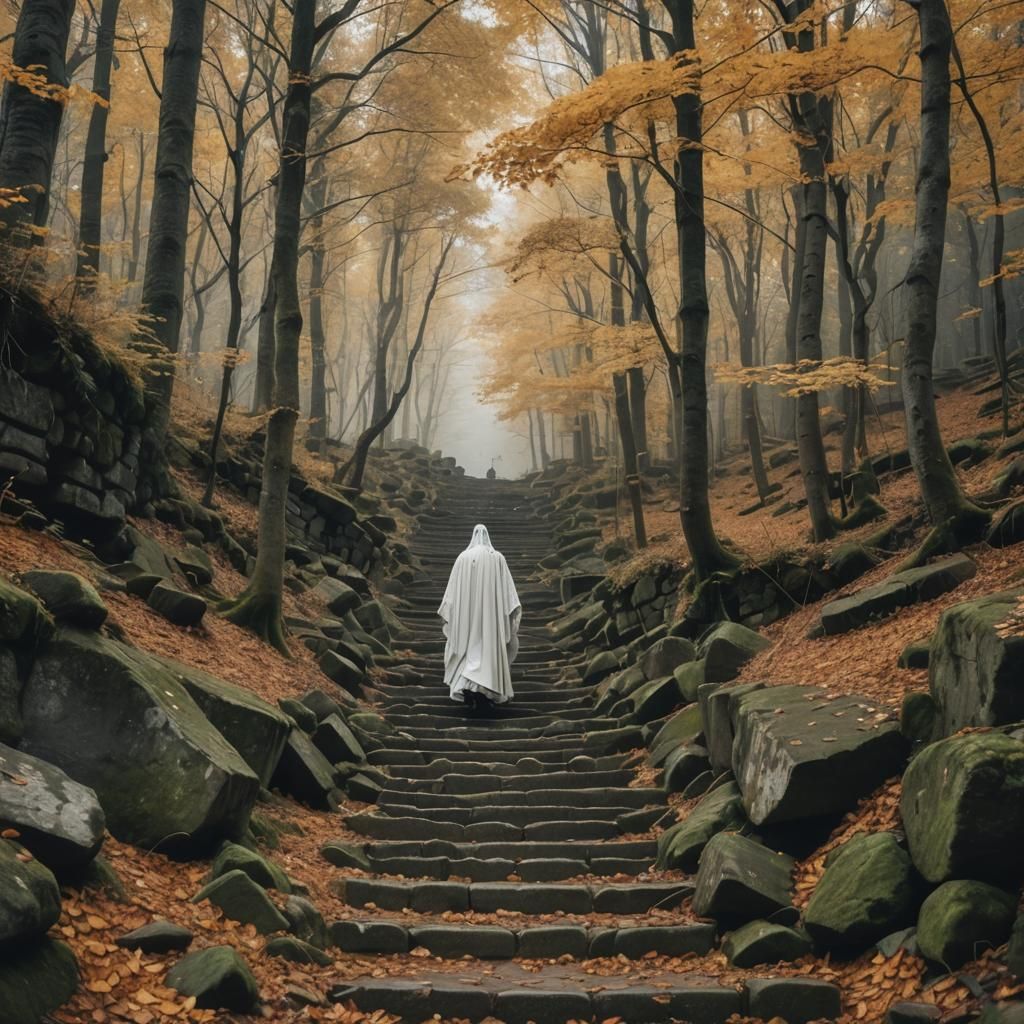 Ghostly Figure Ascends Ancient Forest Stairs