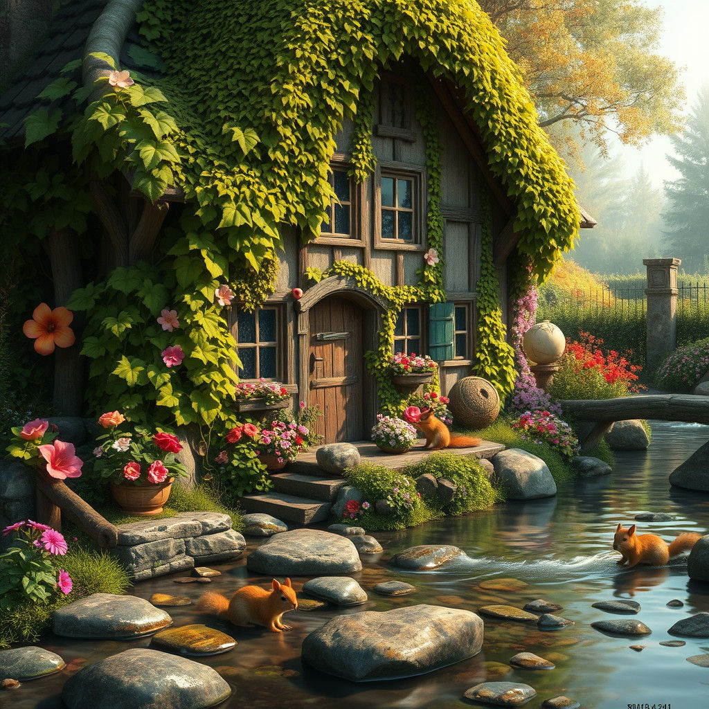 Whimsical Cottage Beside Stream, Matte Painting Style