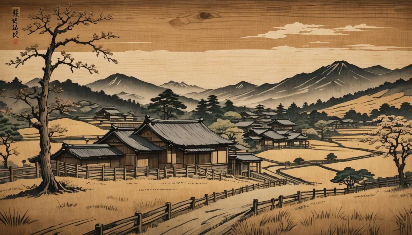 Ukiyo-e Countryside Farmhouse in Japanese Woodblock Style