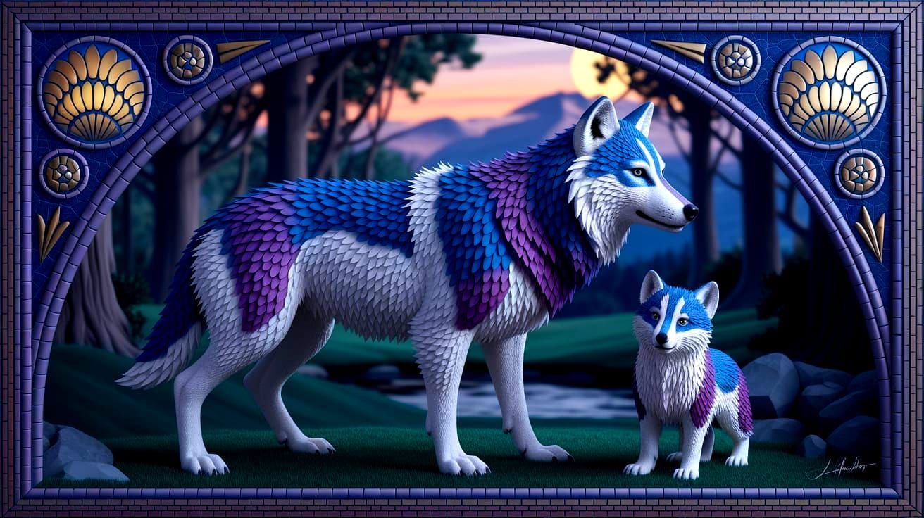 Art Deco Wolf Family at Twilight Mosaic