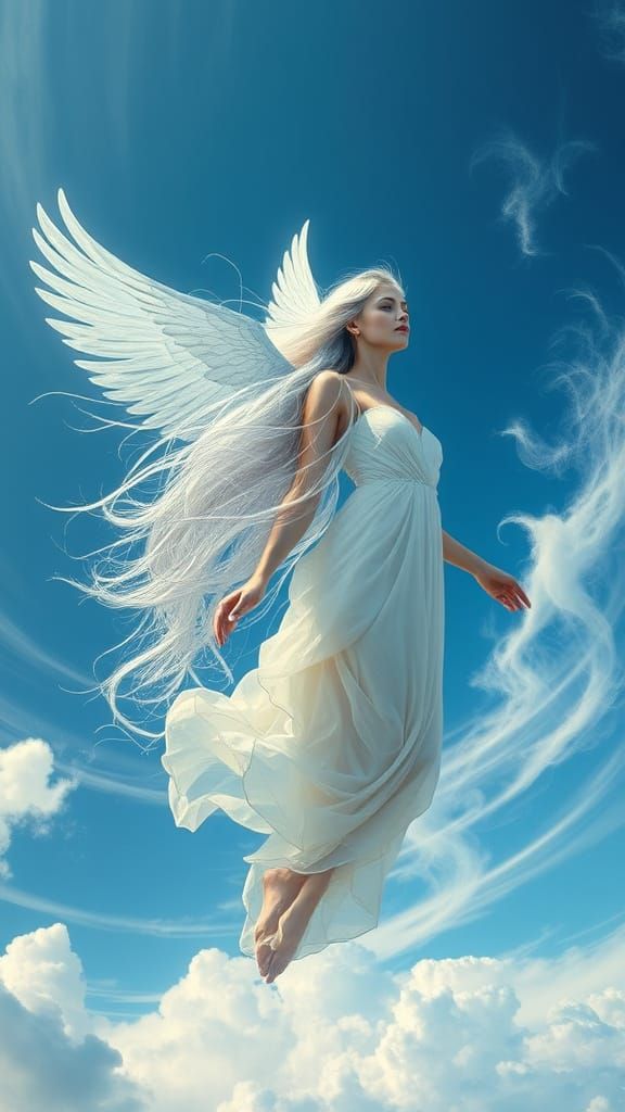 Ethereal Goddess Soars in Azure Skies