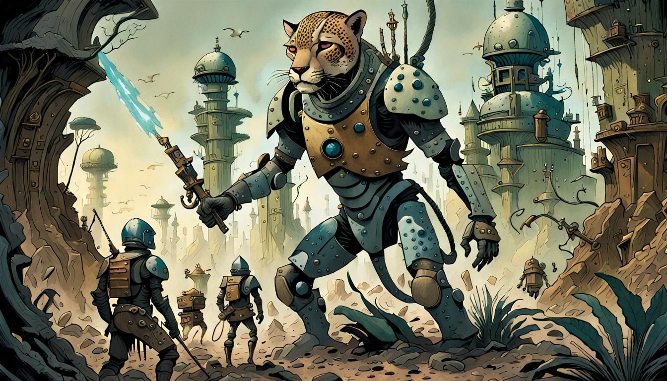 Epic Retro Sci-Fi Battle Scene with Anthropomorphic Mercenar...