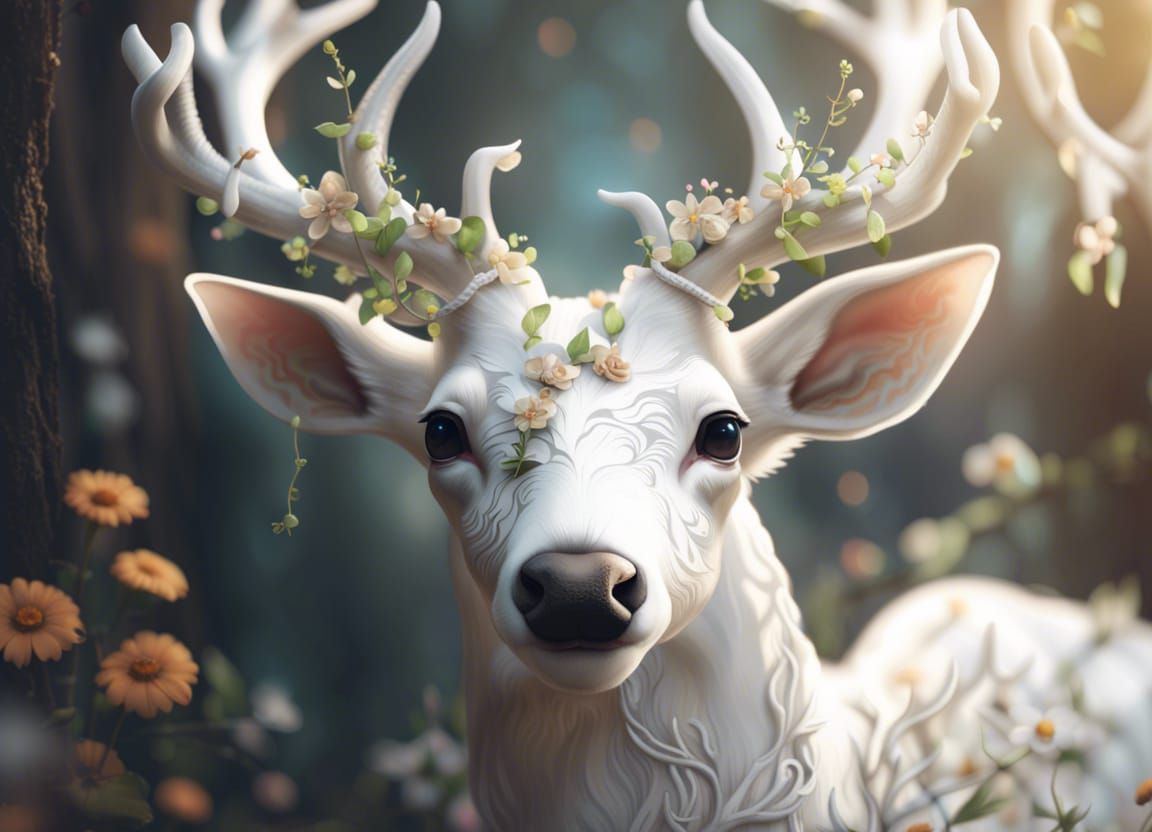 Ethereal White Deer with Floral Antlers