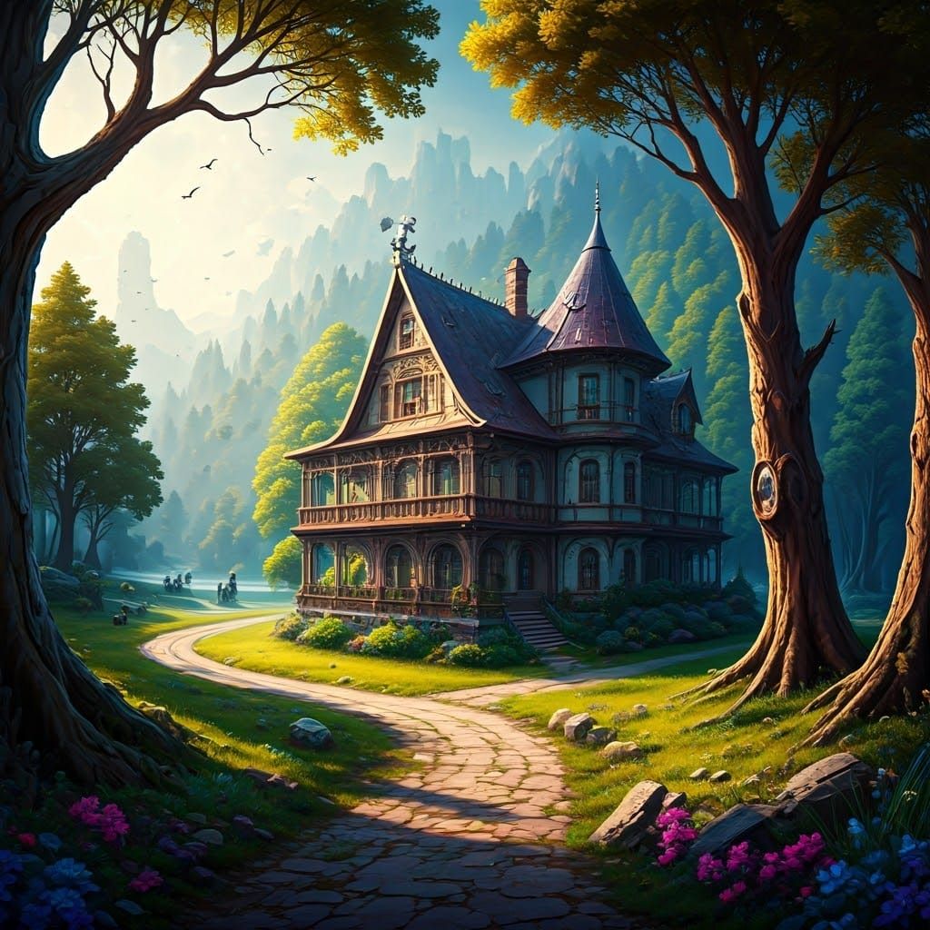 Floating Country House in Surreal Origami Style