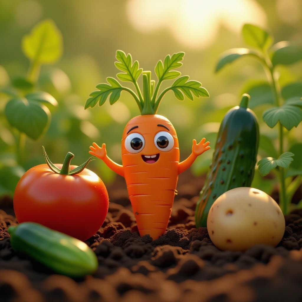Whimsical Vegetable Garden Scene in Pixar Style