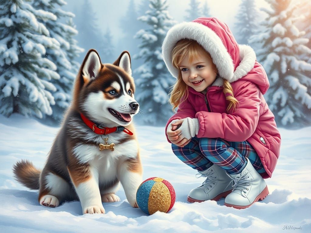 Full body, enchanting hyper realistic detailed oil painting inked with delicate precision of an Adorable little fluffy h...