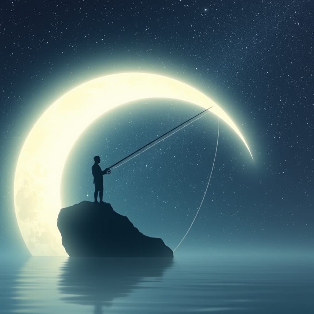 Fisherman on Crescent Moon Under Starry Sky