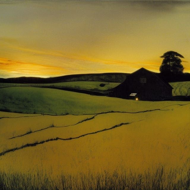 Tranquil Farm Sunset in American Realism Style
