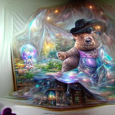Bear Tophat Biting Child Head in Astral Cosmic Style
