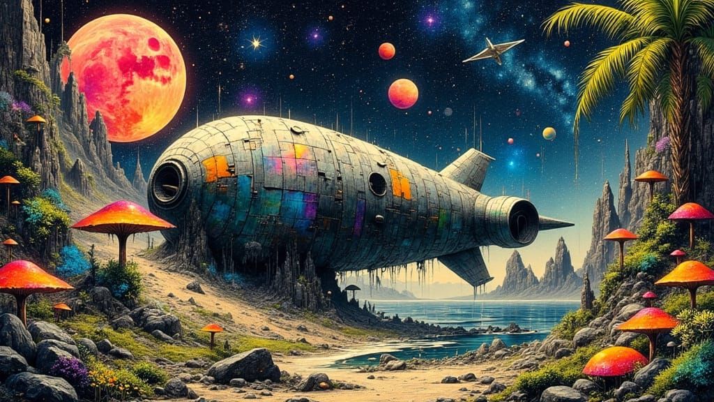 Bioluminescent Jungle Planet with Abandoned Rocketship