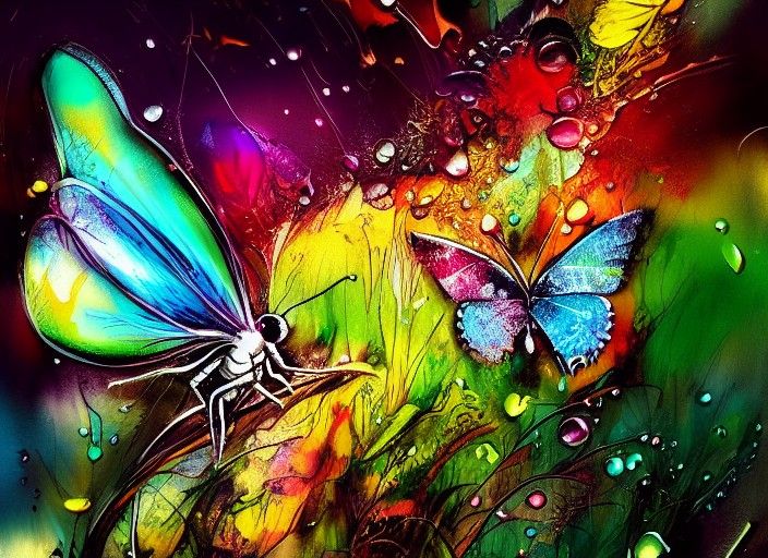 Butterfly with Dew Drop in Pop-Surrealist Style