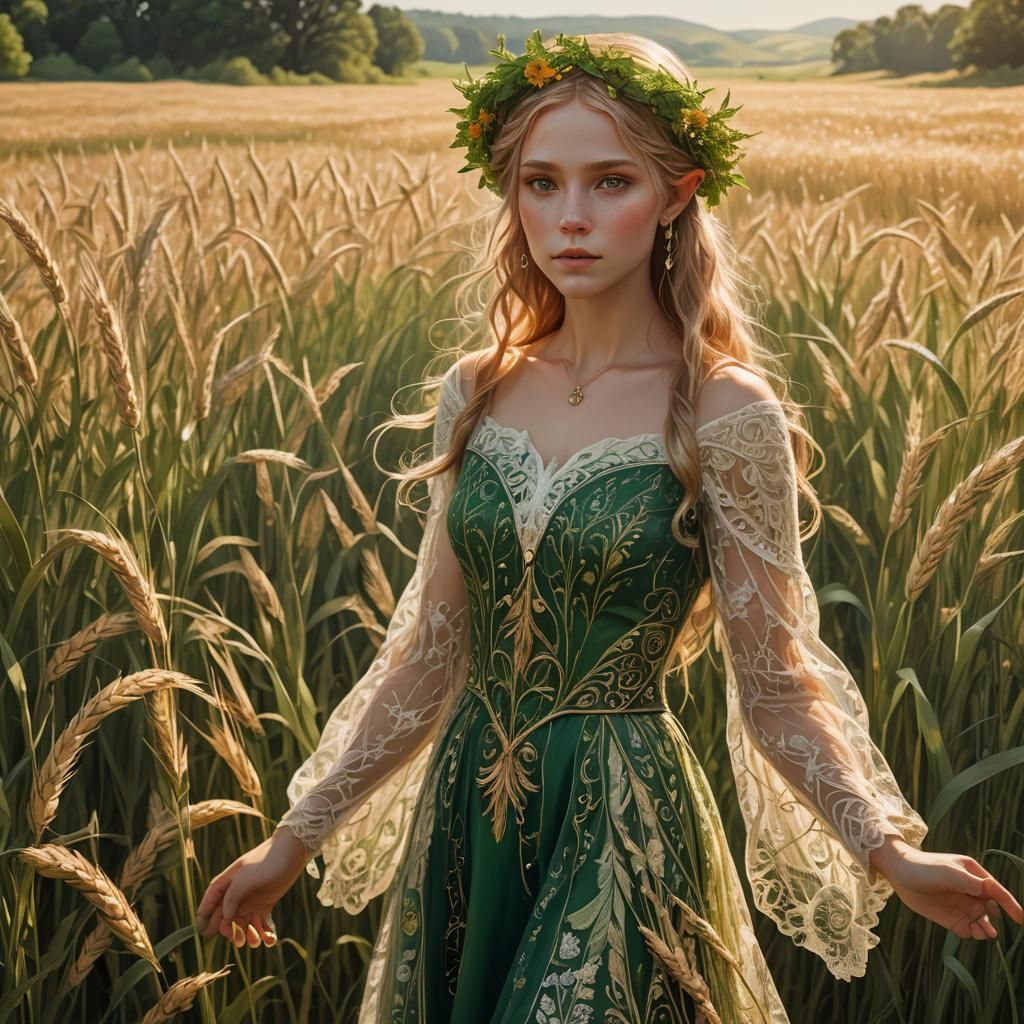 Ethereal Elf Maiden in Barley Field, Romanticism Style