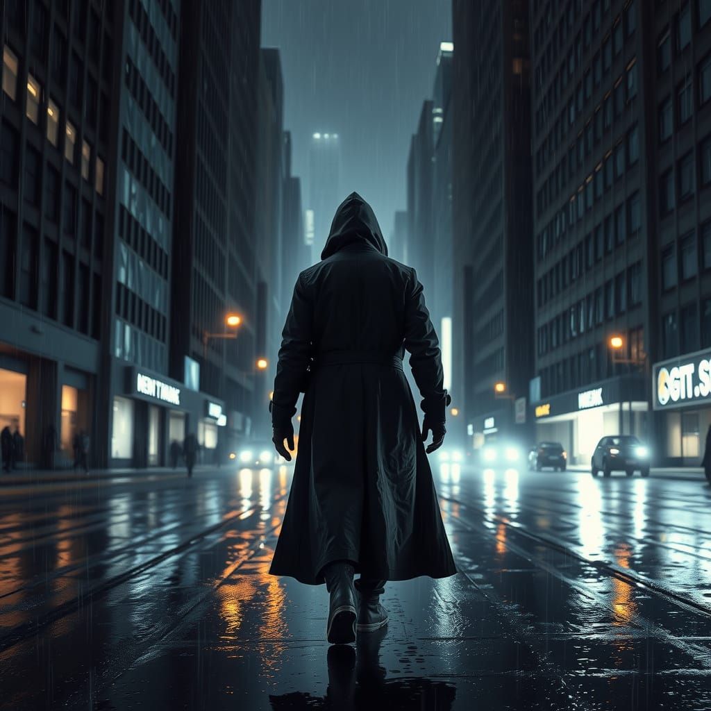 Lone Figure in Rain-Soaked City Street