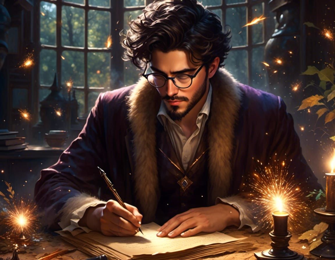 Young Wizard Conjuring Magic in Forest