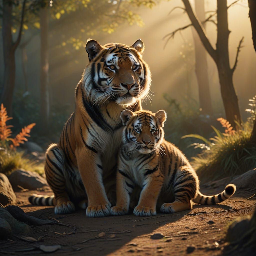 Majestic Tiger Embracing Her Family in Warm Golden Light