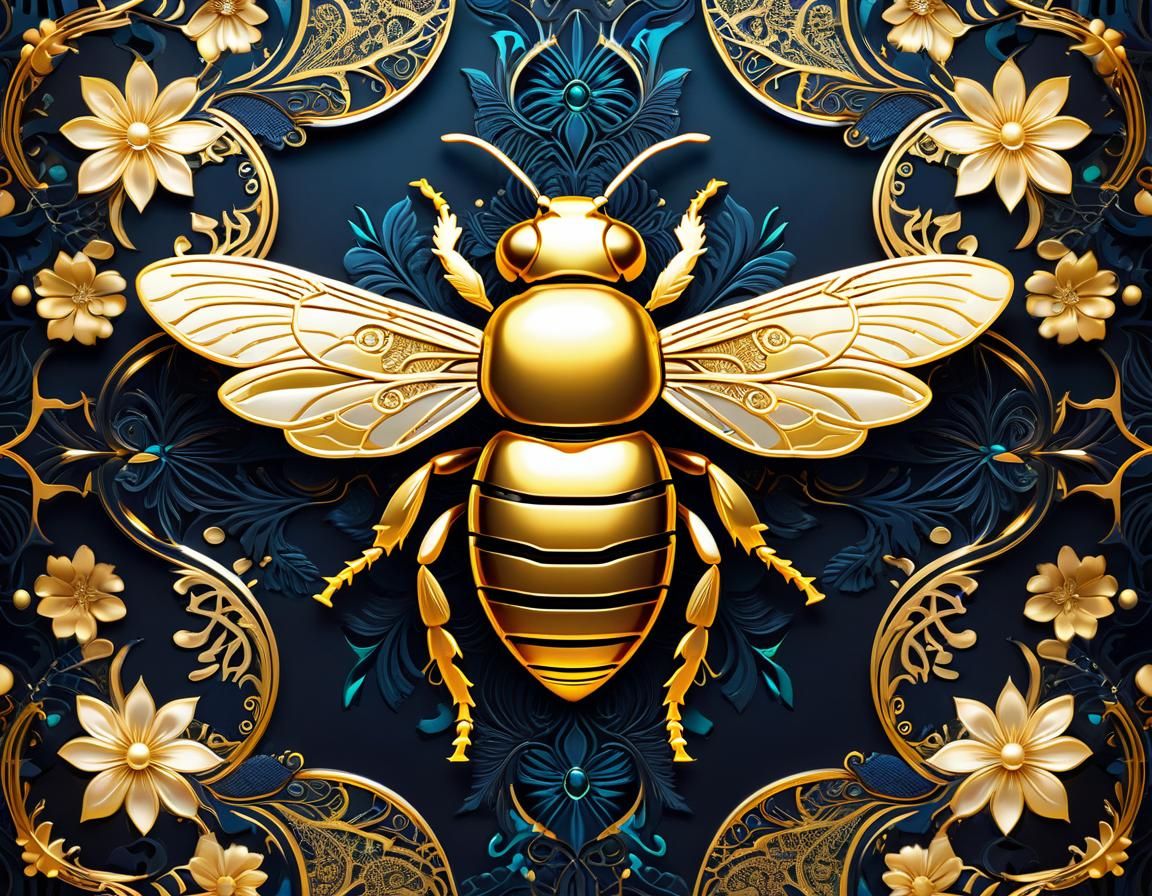 Bioluminescent Gold Bumblebee Silhouette Pattern, Digital Ar...
