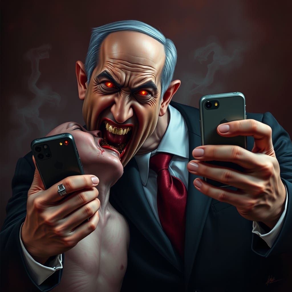 Netanyahu as a terrific vampire, sucking the blood of victims and making a selfie with the phone