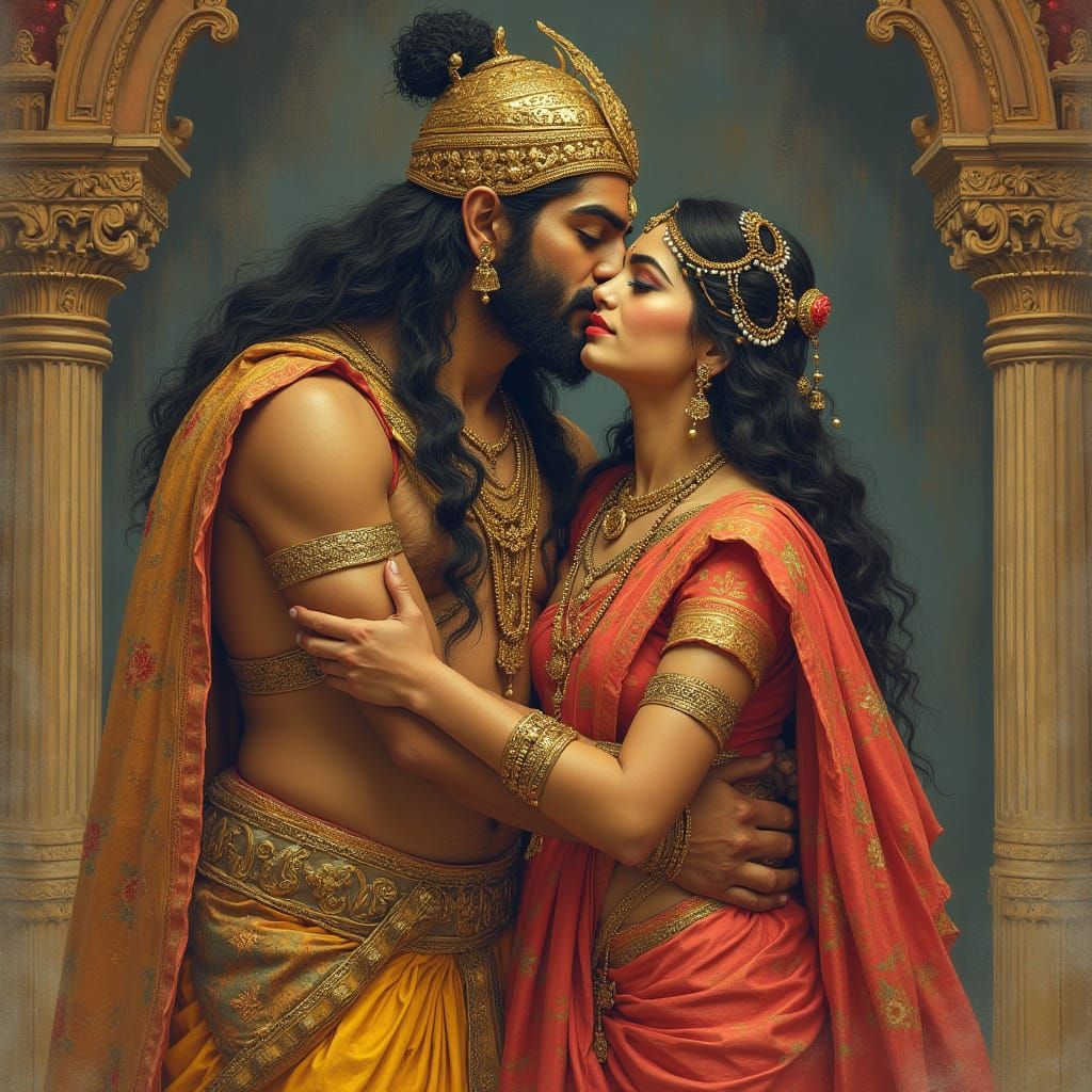 Ravana Kisses Sita in Palace, Inspired by Classical Indian A...