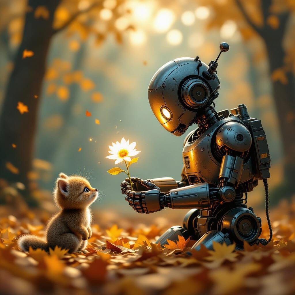 Steampunk Robot Offers Glowing Flower to Woodland Creature