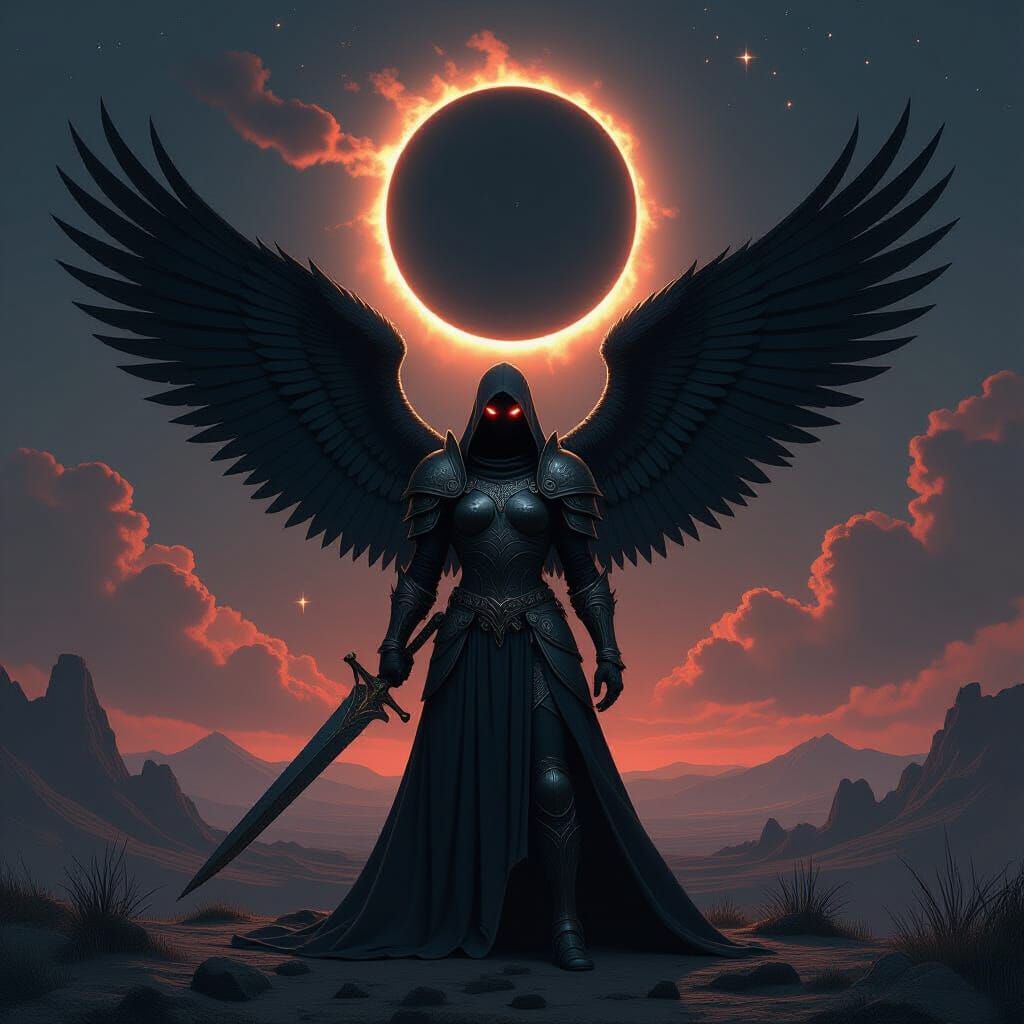 Fallen Angel with Black Wings in Dark Fantasy Style