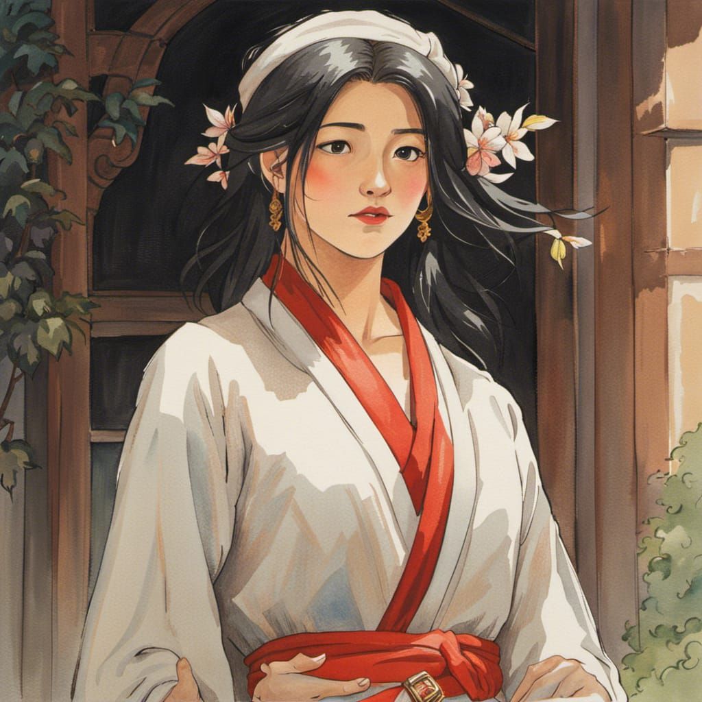 Chubby Asian Woman in Medieval Fantasy: Ghibli-Style Waterco...