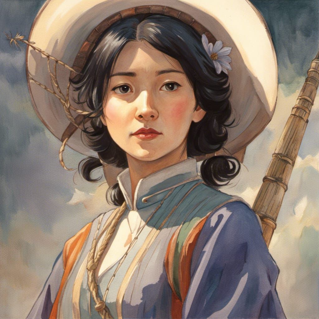 Asian Woman Shopkeeper: Watercolor Painting in Ghibli Style