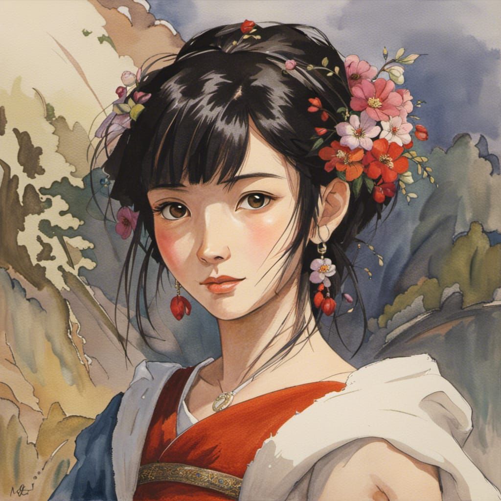 Asian Woman in Medieval Fantasy, Ghibli Watercolor