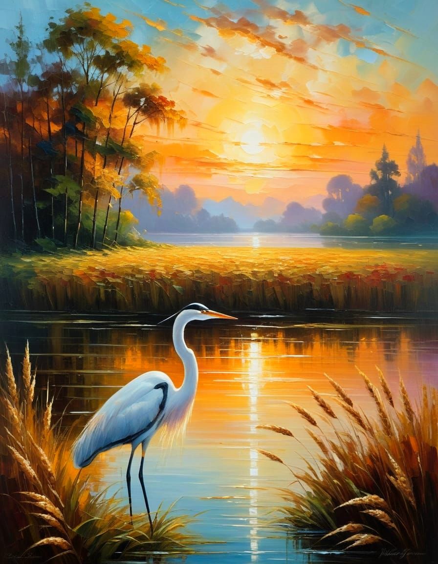 Serene Lakeside Sunset Oil Painting with Heron