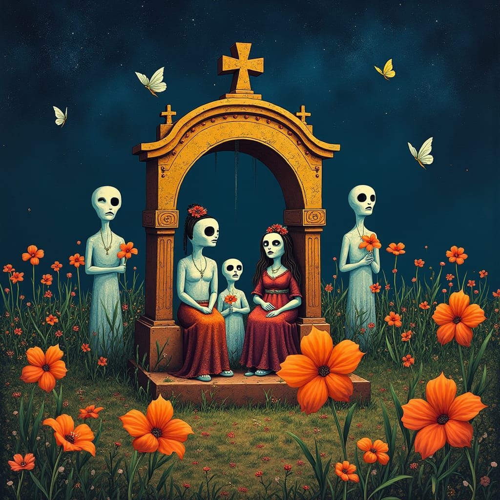 Day of the Dead Cemetery with Ghosts and Family