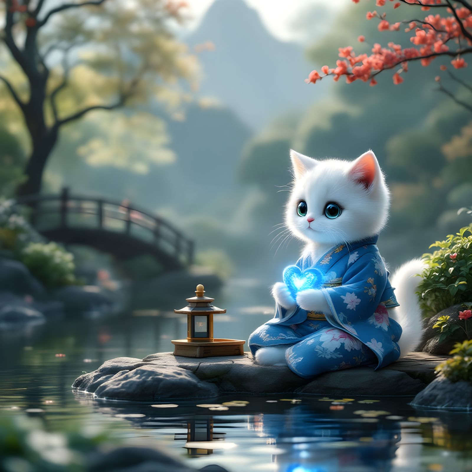 Serene White Cat Meditates in Japanese Garden