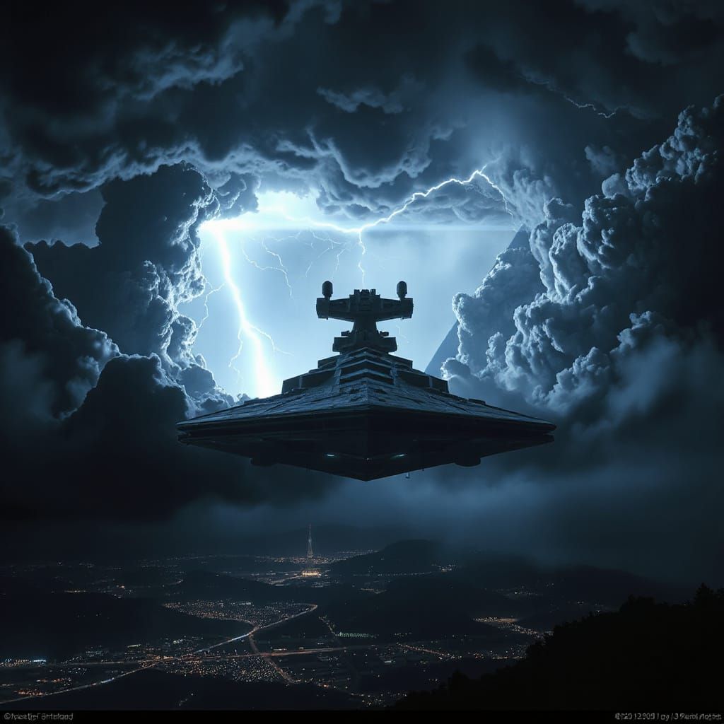 Gigantic Starship Rises from Stormy Skies above a Bustling M...