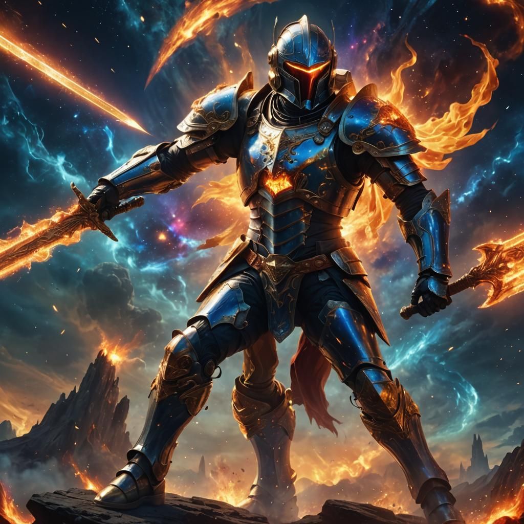 Cosmic Knight with Fiery Sword in Space Fantasy Style