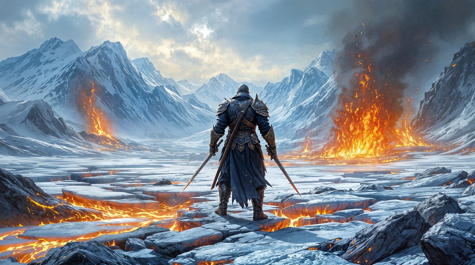 Warrior Amidst Frost and Flame in Hyperrealistic Fantasy