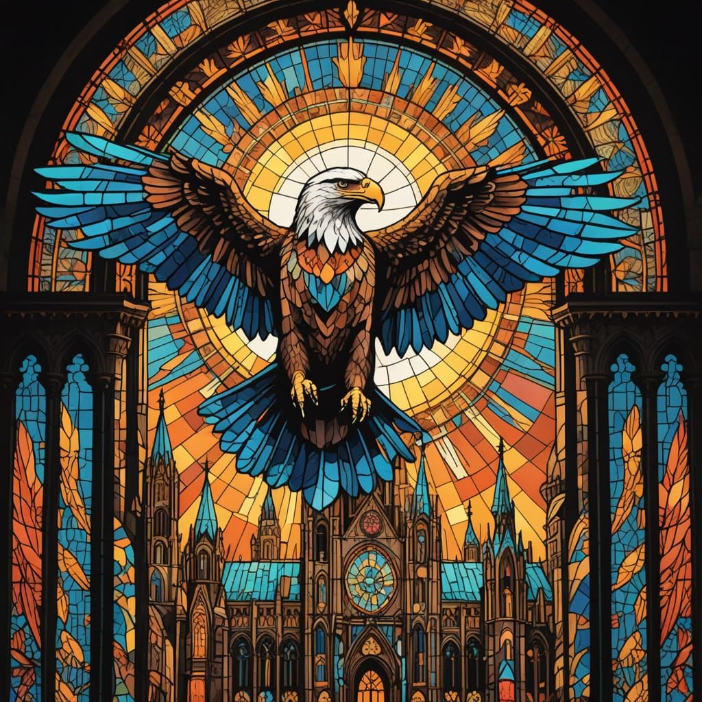 Stained Glass Eagle Soaring Through Cathedral City