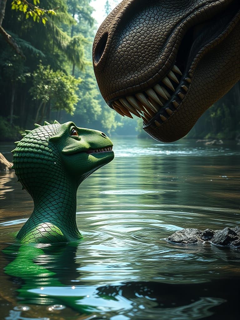 Mermaid Stares Down Tyrannosaurus Rex in Prehistoric River