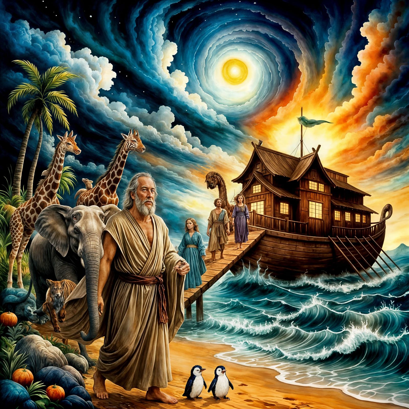 Noah's Ark Biblical Scene in Watercolor and Ink