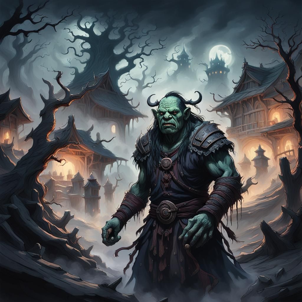Orc Shaman in Medieval Village: Dark Fantasy Art