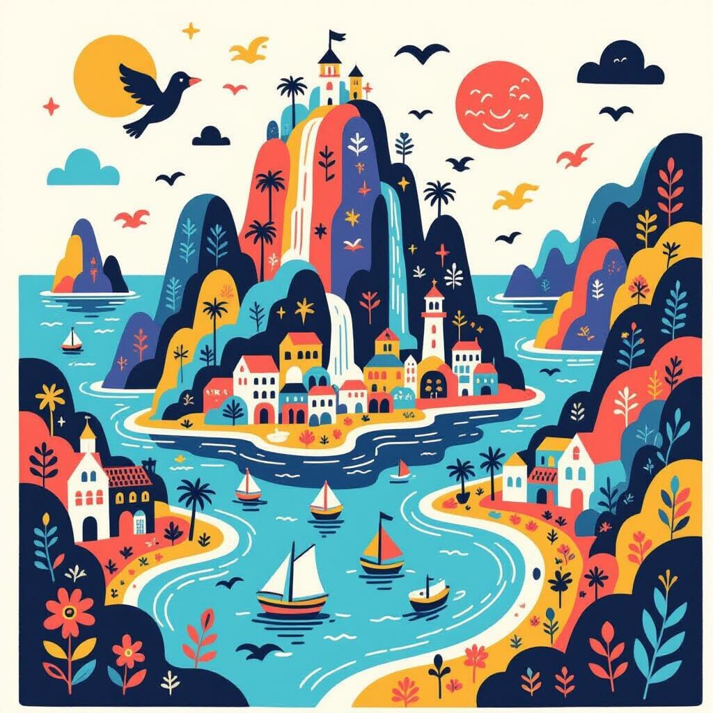 Whimsical Island with Mythical Creatures in Flat Style