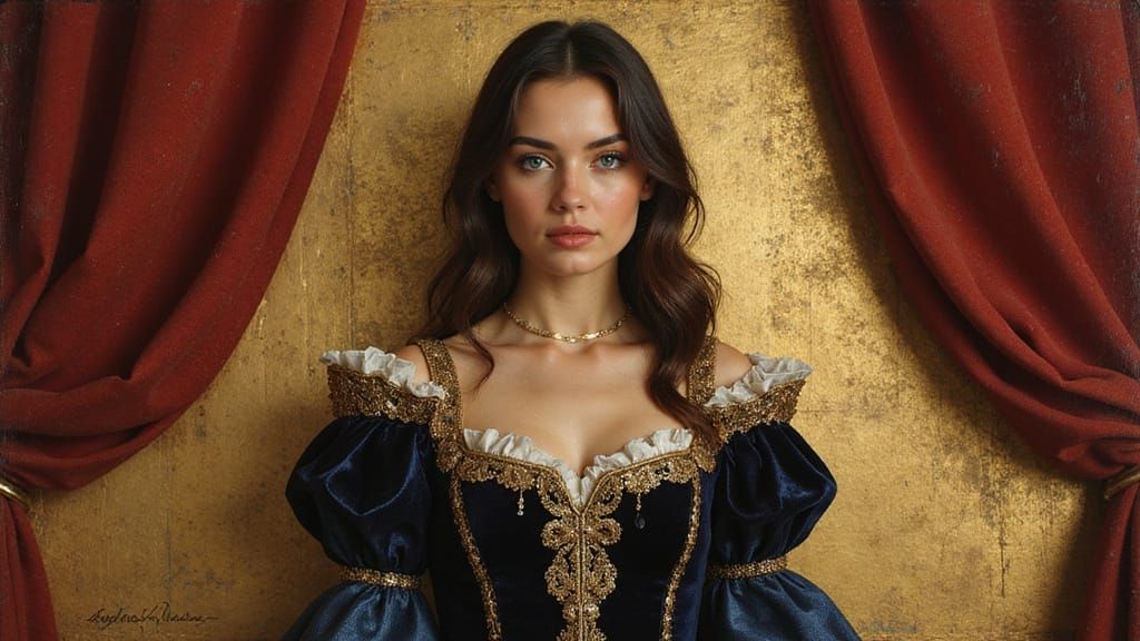 Confident Brunette Woman in Lavish Renaissance Gown