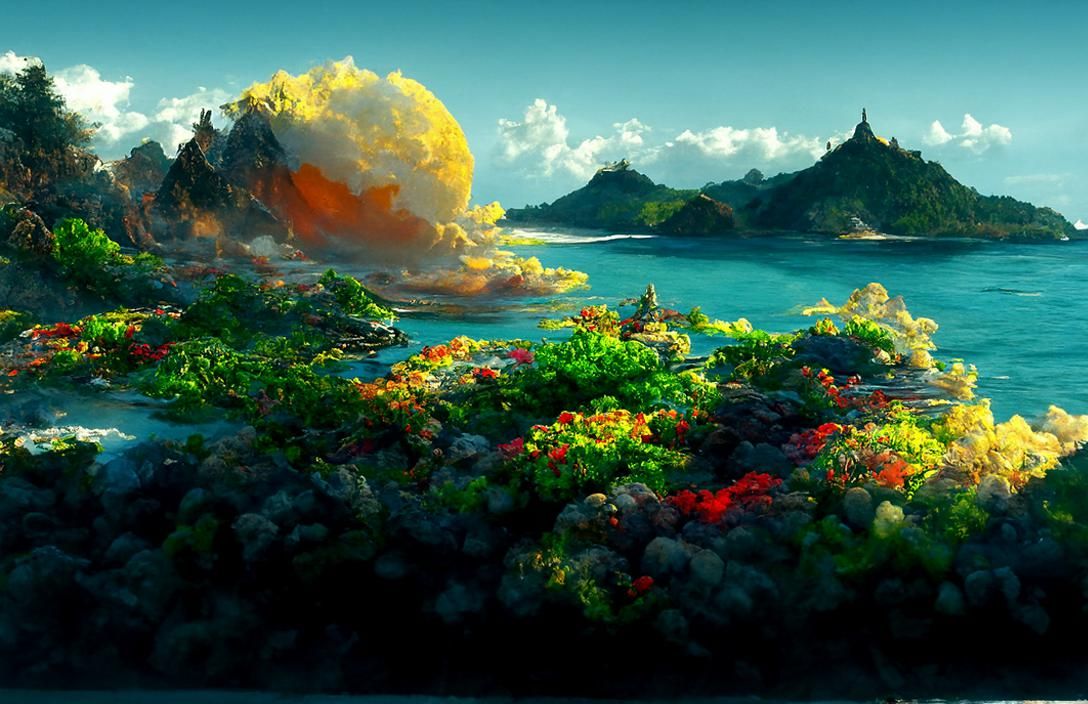 Tropical Island Sunset Painting in Detailed Fantasy Style