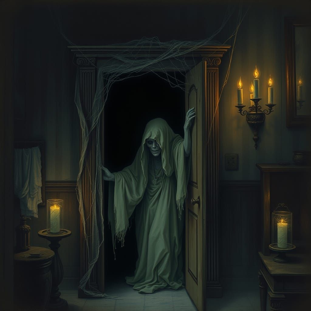 Ethereal Spirit Emerges in Haunted House, Illustration