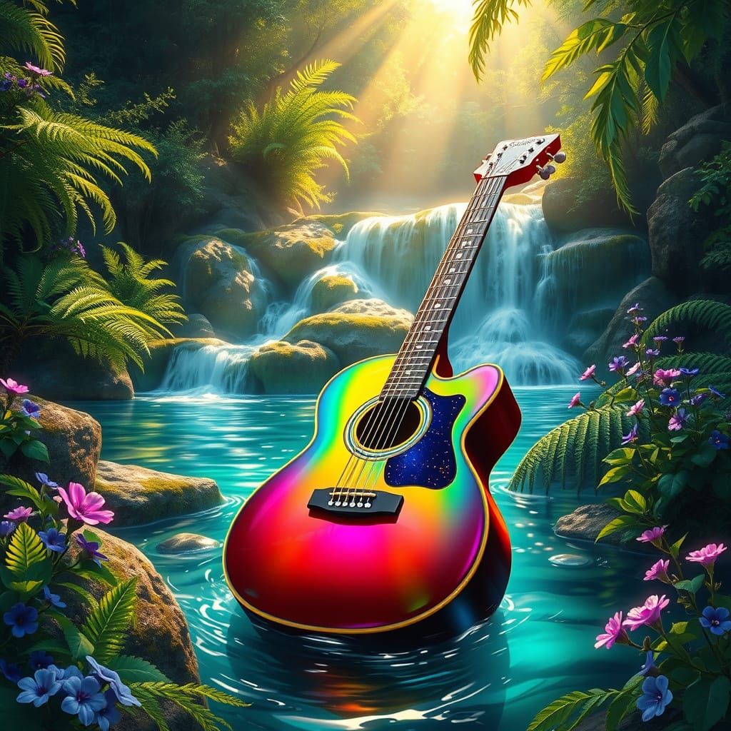 Ethereal Guitar Unfolds from Enchanted Forest Cascade