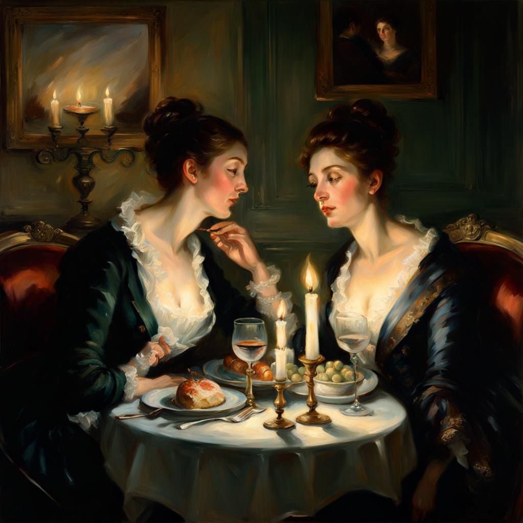 Romantic Candlelit Dinner Painting in Classical Style