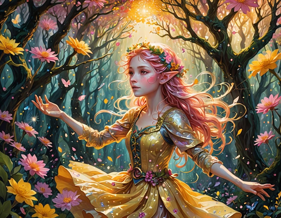 Playful Elf Swinging in Enchanted Forest: Impressionist Art