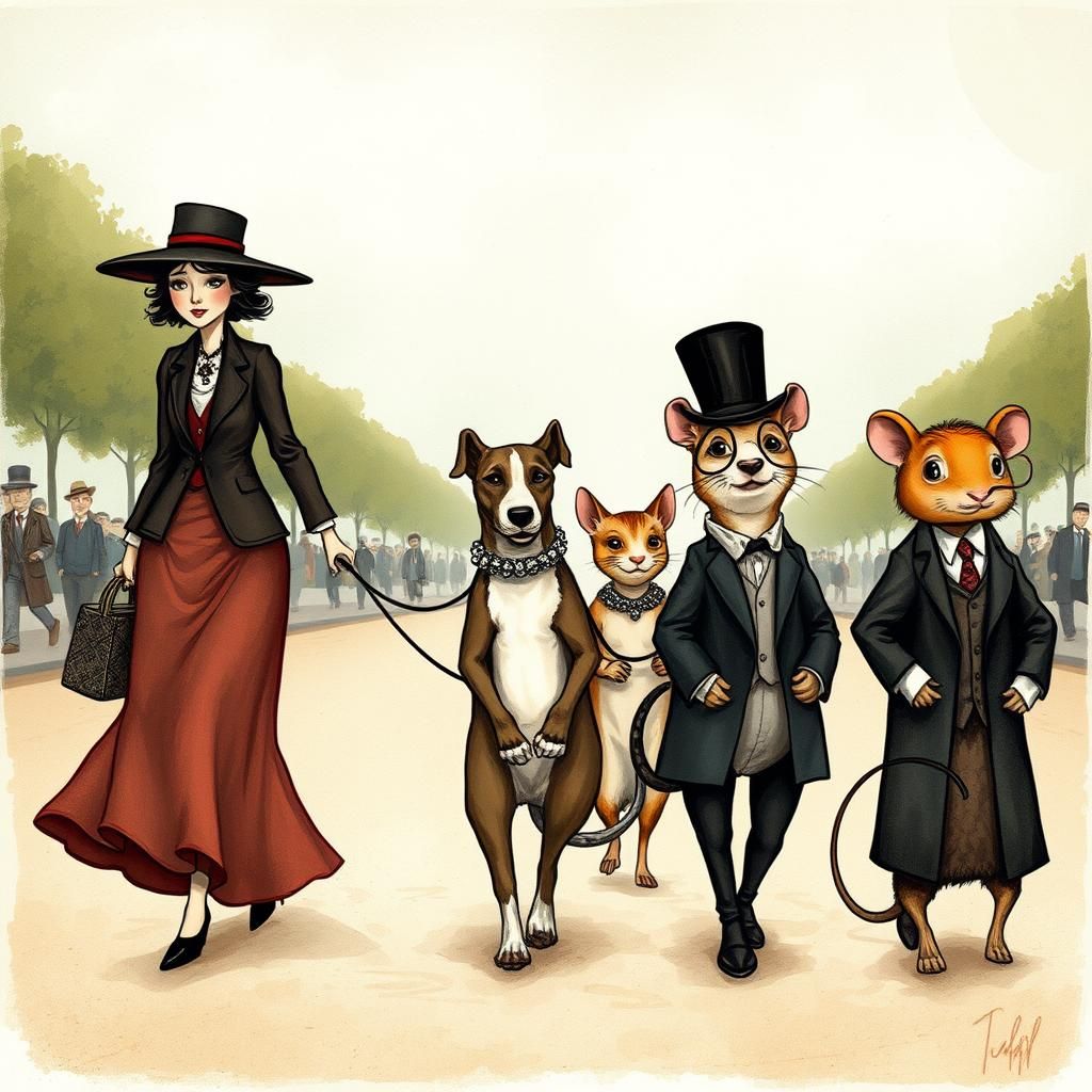 Whimsical Boulevard Procession in Naive Art Style